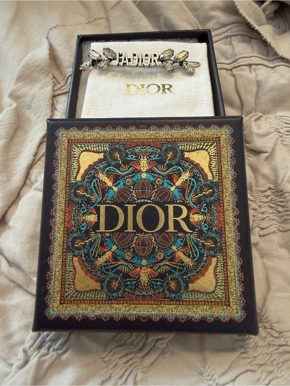 Dior Metal Tone 'J'ADIOR' Crystal Accent Hair Pin with Original Box